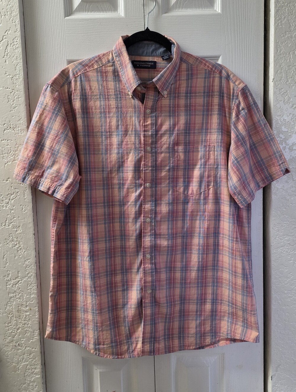 Roundtree & Yorke Men's Plaid Dress Shirt - Orange/Navy